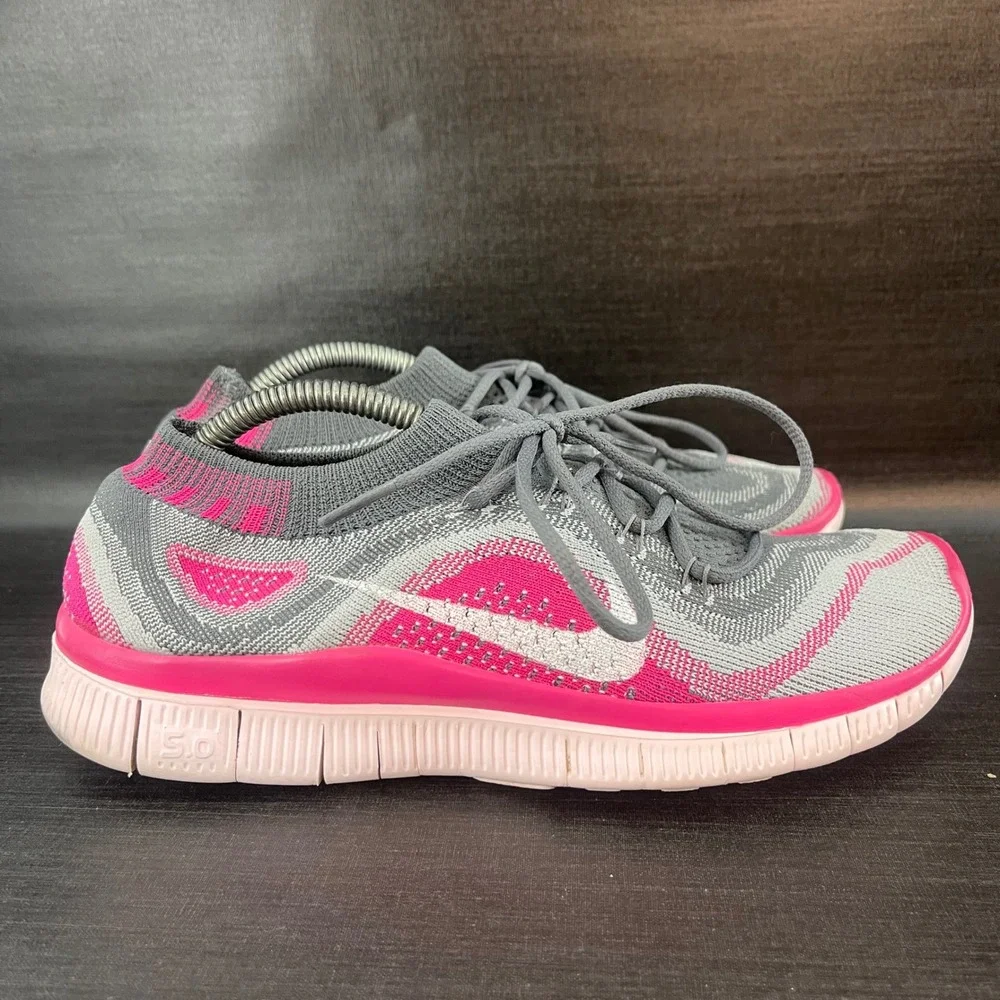 Nike Free 5.0 Flyknit Womens 6.5‎ Grey Pink Running Athletic Shoes 615806-016